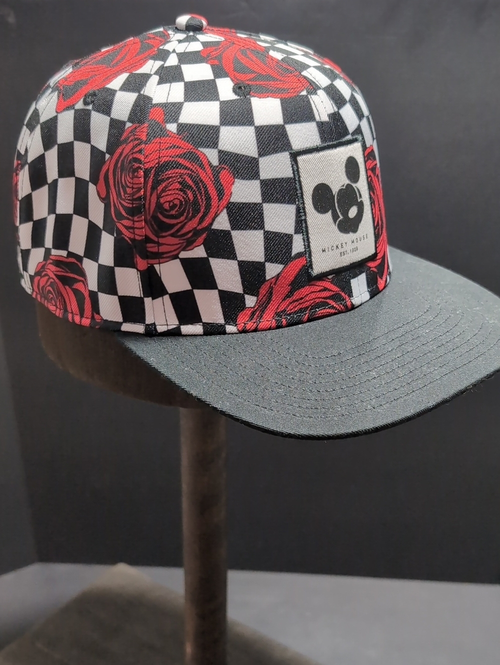 Disney Neff Black/Red Checkered/Roses Mickey Mouse Hat.